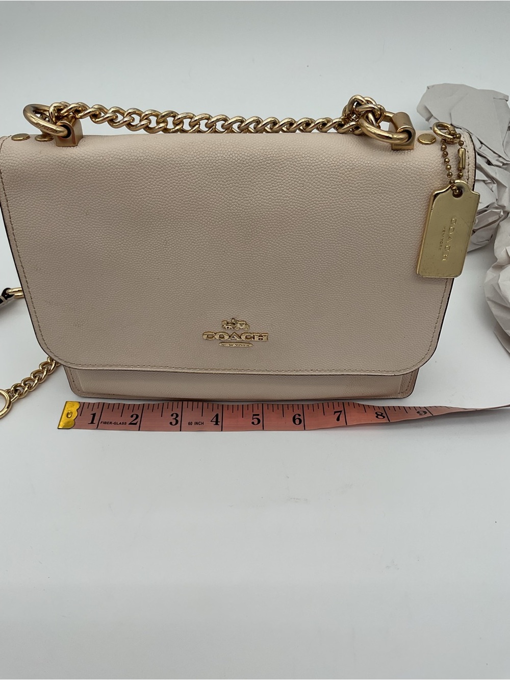 Coach Mini Klare Pebble LeatherCrossbody in Light Beige with Gold Tone Chain - Picture 15 of 16